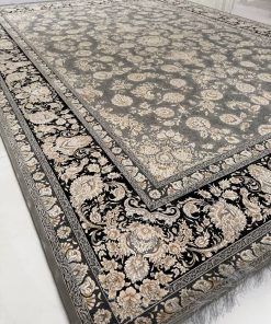 فرش ماشینی 1200 شانه طرح وینتیج مهتاب دودی گل برجسته افشان کاشان