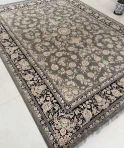 فرش ماشینی 1200 شانه طرح وینتیج مهتاب دودی گل برجسته افشان کاشان
