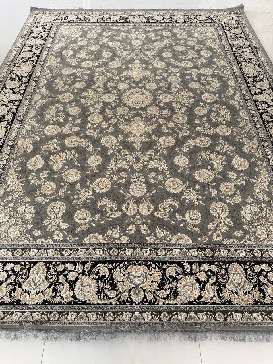 فرش ماشینی 1200 شانه طرح وینتیج مهتاب دودی گل برجسته افشان کاشان