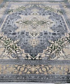 فرش ماشینی ۷۰۰ شانه کاشان طرح وینتیج هریس دودی کهنه‌نما