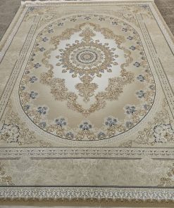 فرش ماشینی 1200 شانه کاشان طرح کارن زمینه بژ گل برجسته تراکم 3600