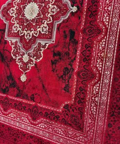 فرش ماشینی 700 شانه کاشان طرح کتبه لاکی ترنج دار تراکم 2550