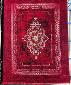 فرش ماشینی 700 شانه کاشان طرح کتبه لاکی ترنج دار تراکم 2550