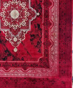 فرش ماشینی 700 شانه کاشان طرح کتبه لاکی ترنج دار تراکم 2550