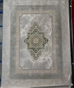 فرش ماشینی 700 شانه کاشان طرح کتیبه نقره ای ابروبادی تراکم 2550