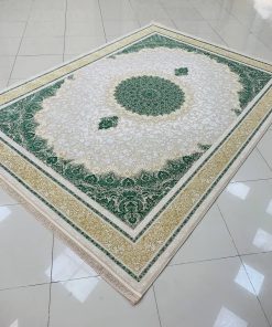 فرش ماشینی 1200 شانه کاشان طرح کلاسیک صدفی سبز یشمی گل برجسته تراکم 3600