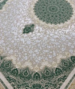 فرش ماشینی 1200 شانه کاشان طرح کلاسیک صدفی سبز یشمی گل برجسته تراکم 3600