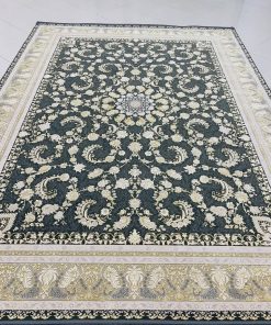 فرش ۱۲۰۰ شانه کاشان طرح گلوریا رنگ دودی افشان گل برجسته تراکم ۳۶۰۰