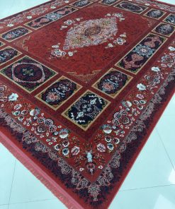 فرش ماشینی 700 شانه کاشان طرح برلیان لاکی خشتی ترنج دار