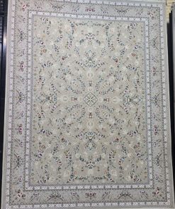 فرش ماشینی 1200 شانه کاشان طرح باغ مینو بژ گل برجسته