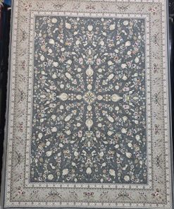 فرش ماشینی 1200 شانه کاشان طرح باغ مینو دودی گل برجسته