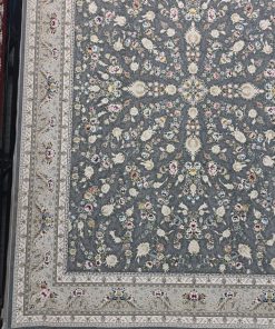 فرش ماشینی 1200 شانه کاشان طرح باغ مینو دودی گل برجسته