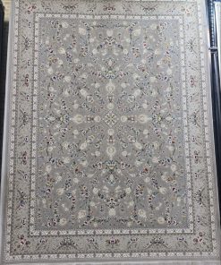 فرش ماشینی 1200 شانه کاشان طرح باغ مینو نقره ای گل برجسته