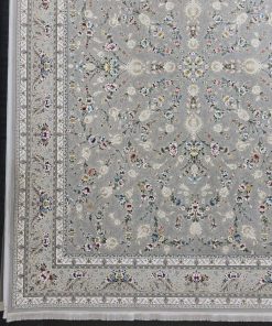 فرش ماشینی 1200 شانه کاشان طرح باغ مینو نقره ای گل برجسته