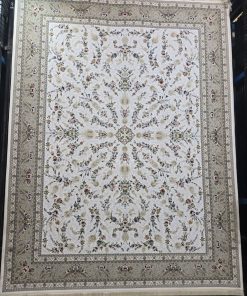 فرش ماشینی 1200 شانه کاشان طرح باغ مینو کرم گل برجسته