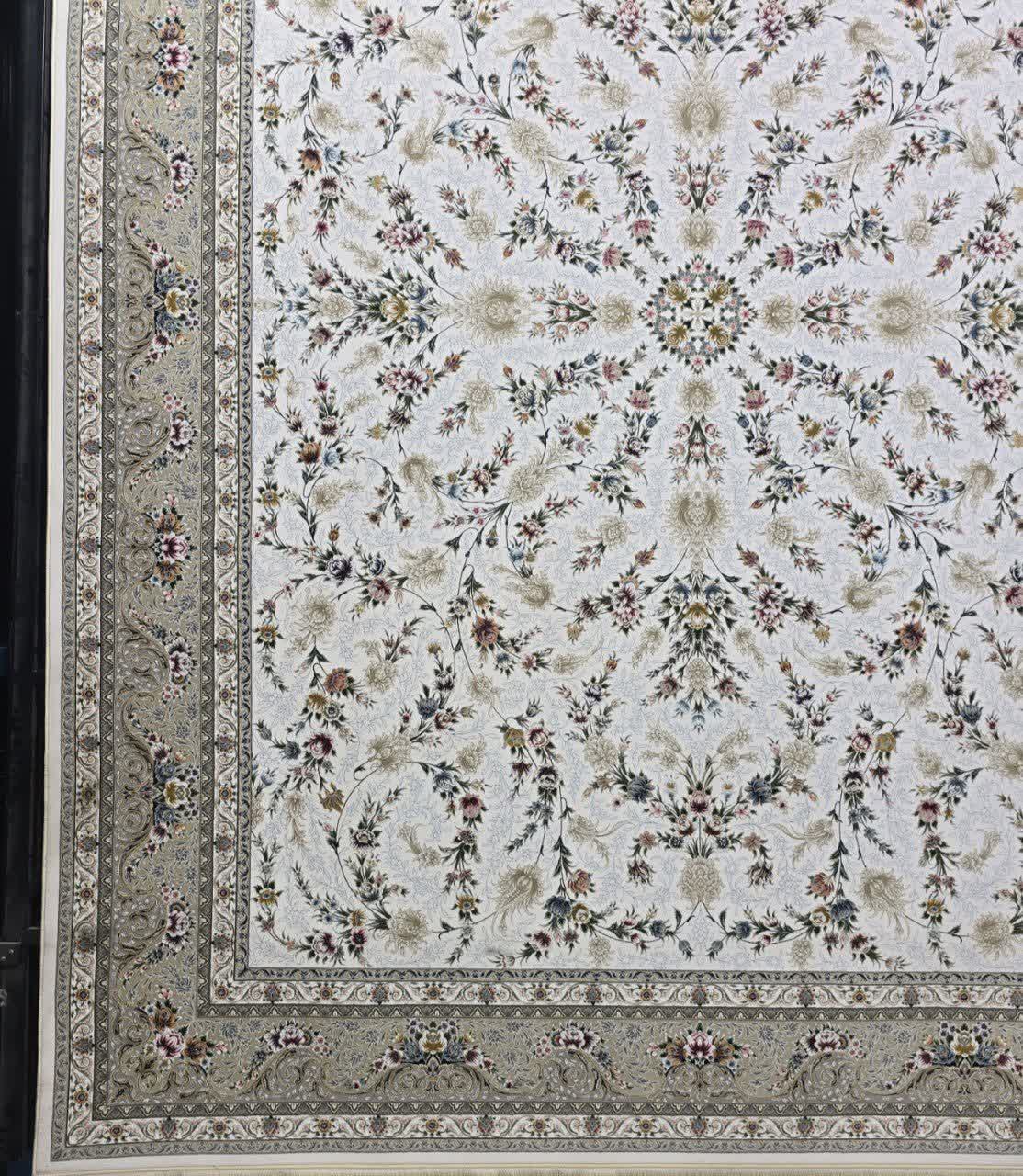 فرش ماشینی 1200 شانه کاشان طرح باغ مینو کرم گل برجسته