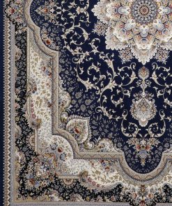 فرش ماشینی 700 شانه کاشان طرح ترنج دار زمینه آبی کاربنی