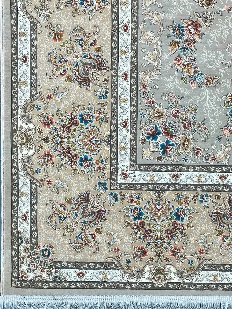 فرش ماشینی 1200 شانه کاشان طرح روژان نقره ایی تراکم 3600