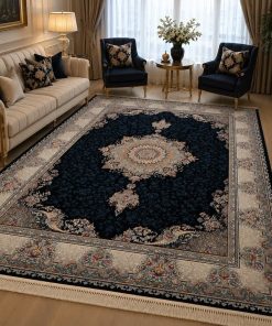 فرش ماشینی 700 شانه کاشان طرح سارینا سرمه‌ای تراکم 2550 ده رنگ