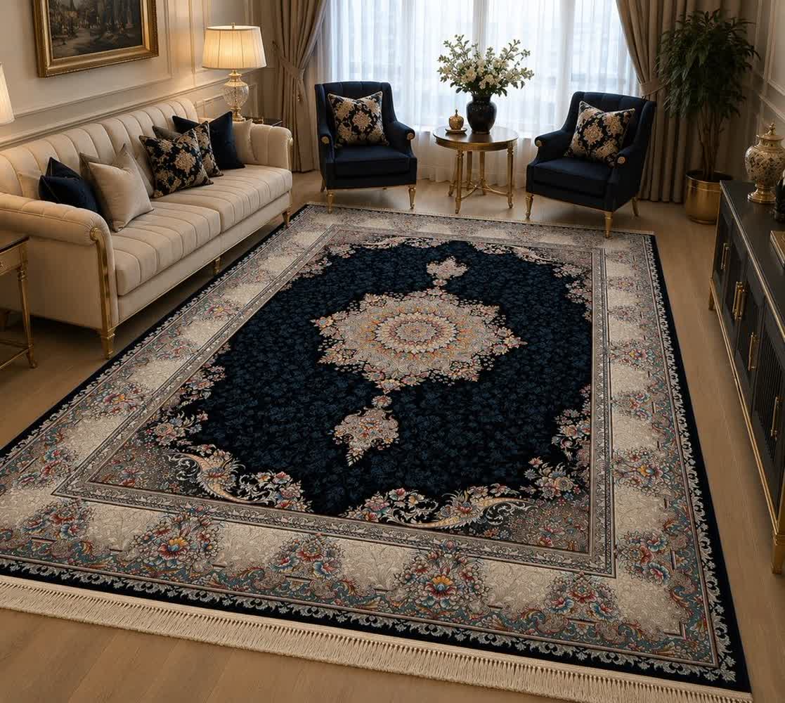 فرش ماشینی 700 شانه کاشان طرح سارینا سرمه‌ای تراکم 2550 ده رنگ
