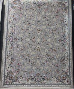 فرش ماشینی 1200 شانه کاشان طرح ستایش نقره ای گل برجسته