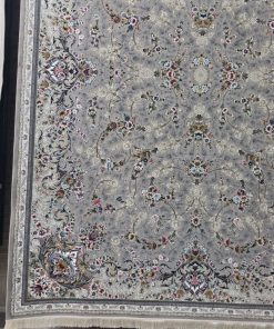 فرش ماشینی 1200 شانه کاشان طرح ستایش نقره ای گل برجسته
