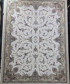 فرش ماشینی 1200 شانه کاشان طرح ستایش کرم گل برجسته