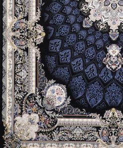 فرش ماشینی 700 شانه کاشان طرح سیمین زمینه سرمه‌ای آبی
