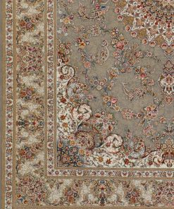 فرش ماشینی 1200 شانه کاشان طرح ماهان طوسی گل برجسته