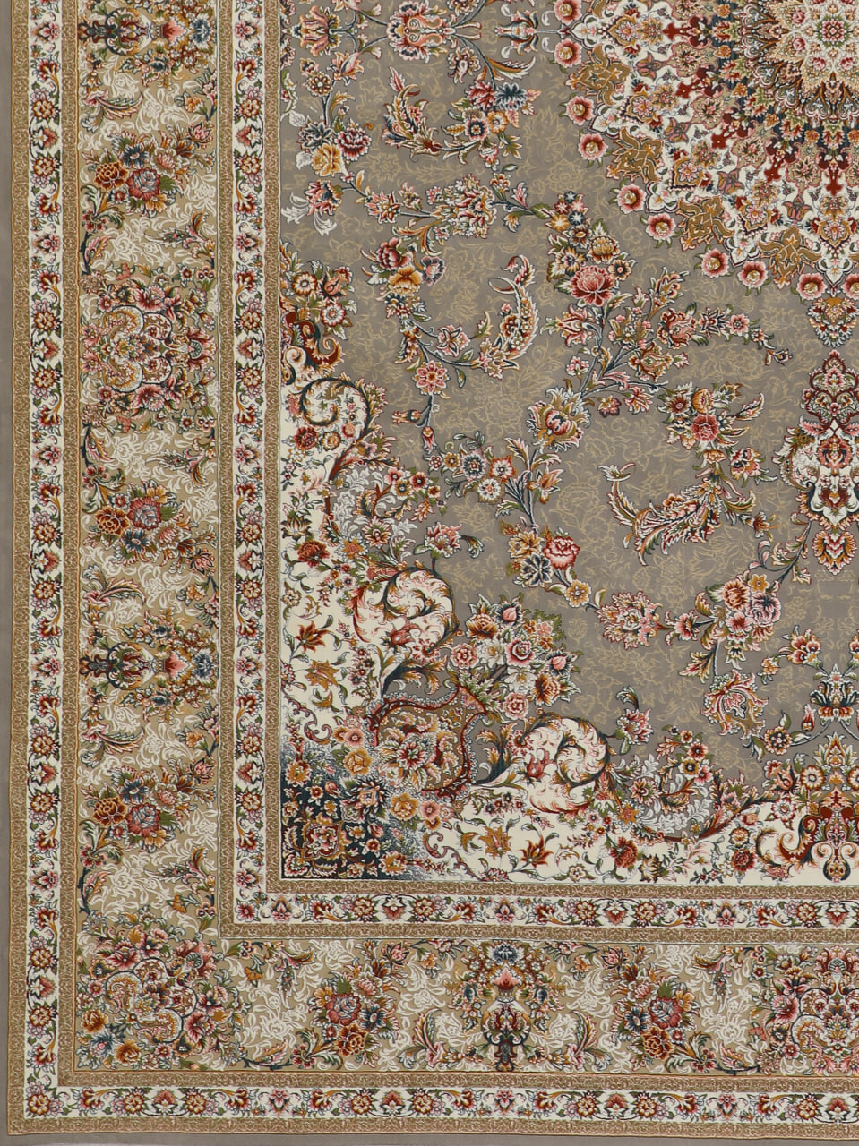 فرش ماشینی 1200 شانه کاشان طرح ماهان طوسی گل برجسته