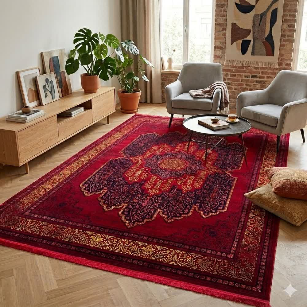 فرش ماشینی 700 شانه کاشان طرح مرصاد لاکی تراکم 2550 ده رنگ