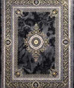 فرش ماشینی 700 شانه کاشان طرح ژیوا زمینه مشکی طلایی
